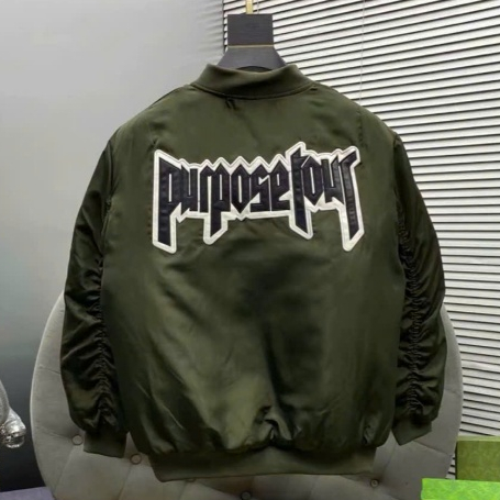 Áo khoác bomber gió nam nữ PB đen thêu chữ da Purpose Tour lưng phối túi khoá tay 1 Hàng QC 2026