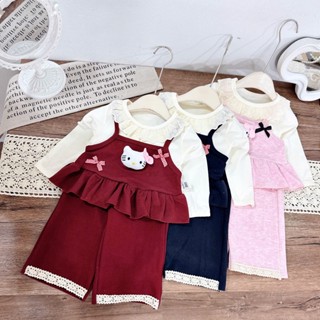  Bộ len lông thỏ thu đông cho bé gái 10-17kg  áo dài tay cổ bèo ren áo yếm hello kitty dễ thương 