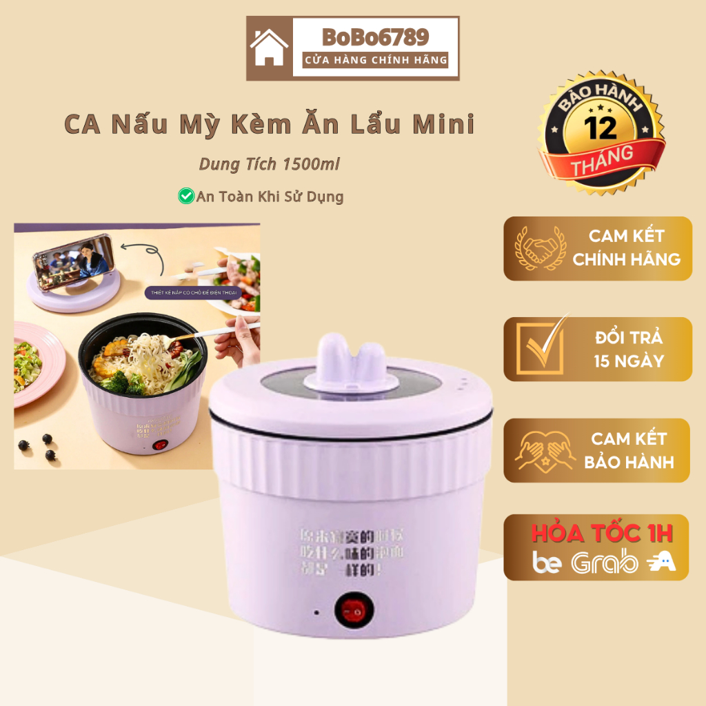 Ca Nấu Mì Ăn Liền Dung Tích 1.5L Công Suất 500W Phủ Chống Dính Đáy Nồi Lẩu Một Người Dành Cho Học si