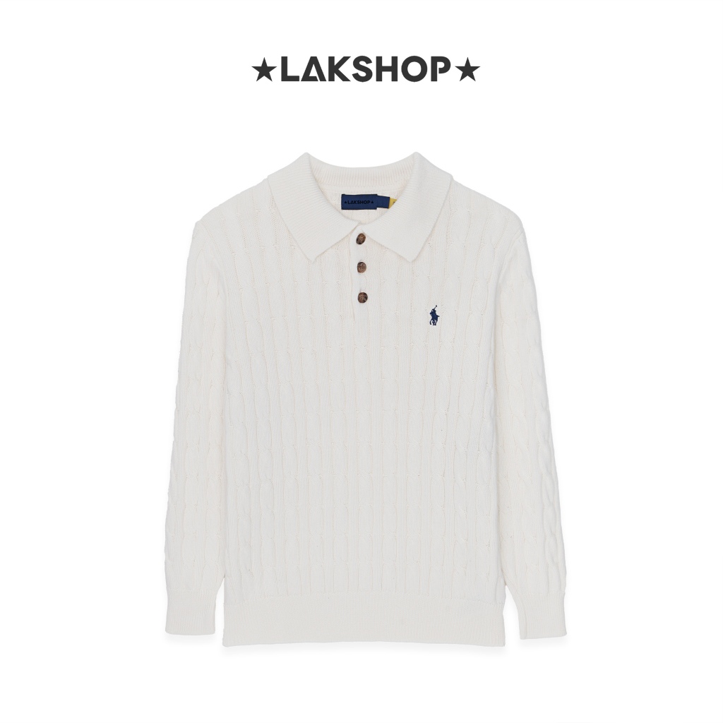 Áo len polo trắng Cable-Knit Long-Sleeve Polo Sweater