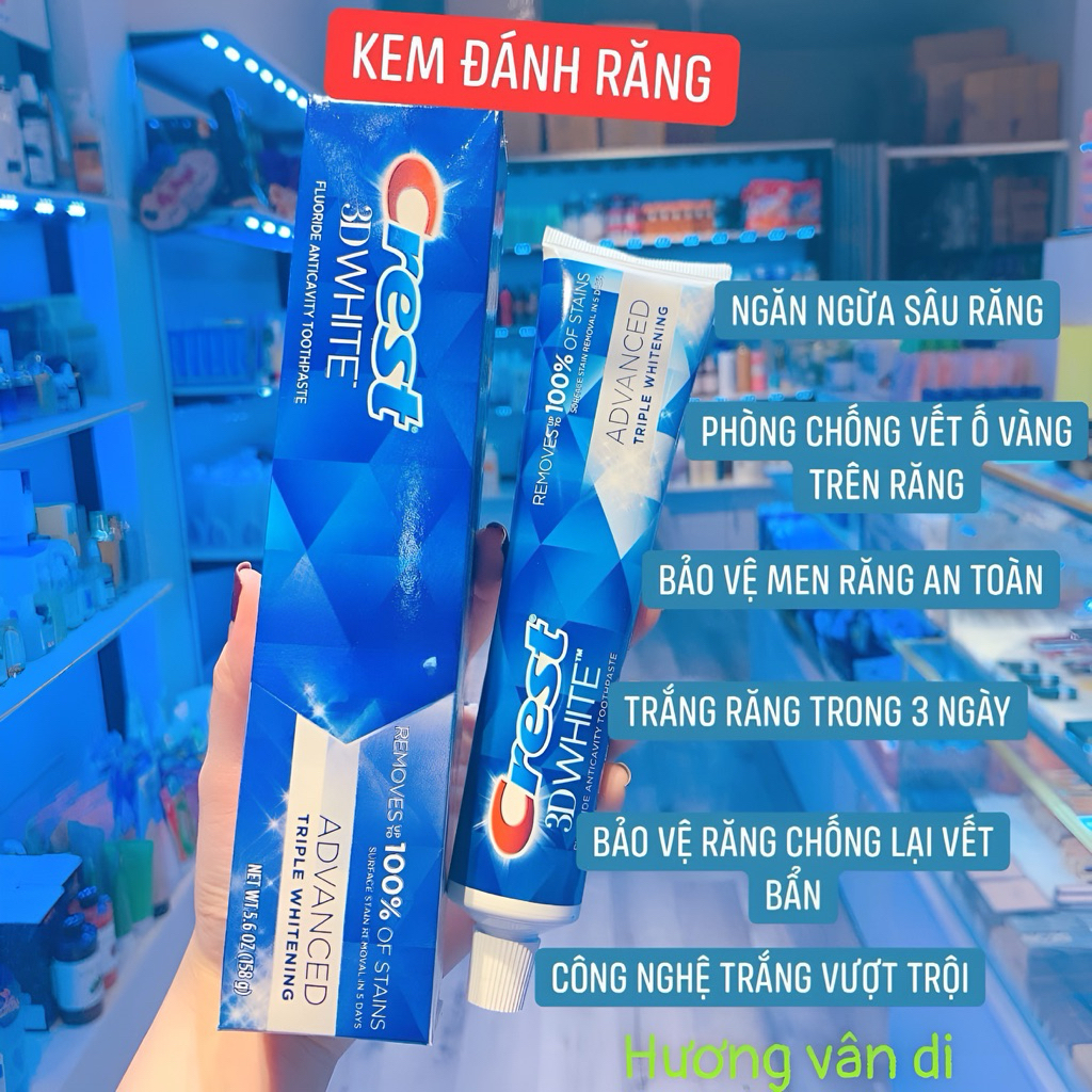 Kem đánh răng Crest 3D White Advance Whitening Trắng Răng, Hơi Thở Thơm Mát 147g