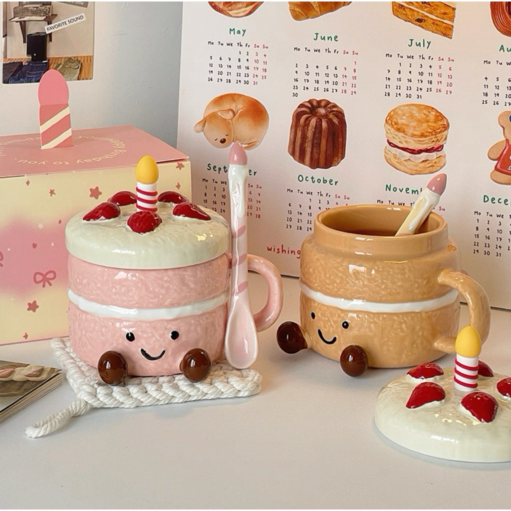 [anla.decor]_ Ly Sứ Hình Bánh Kem Dễ Thương Có Nắp & Muỗng – Ly Decor, Quà Tặng Sinh Nhật Cute