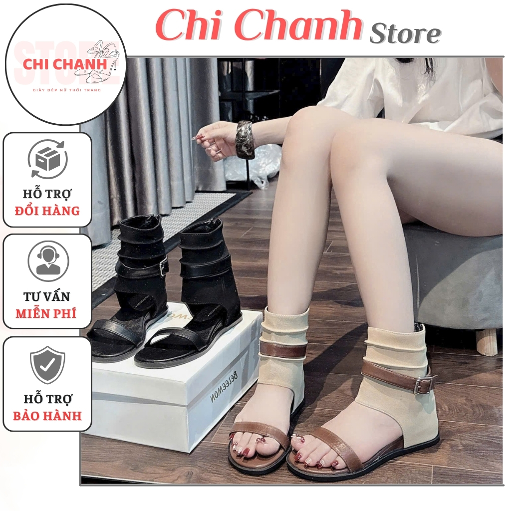 Boot Nữ Cổ Cao Cá Tính 2p Bốt Sandal Hở Chân Quai Ngang Thoáng Mát Tôn Chân Tôn Dáng B22s