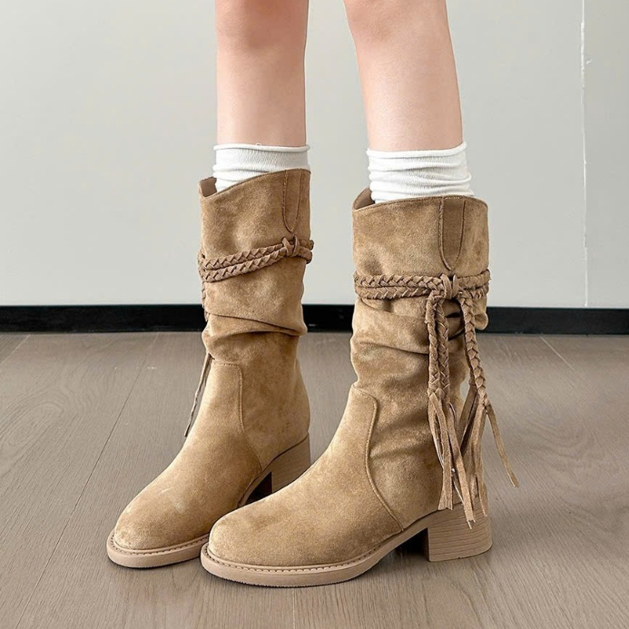 Bốt nữ thời trang cao cấp da lộn cổ lửng phối dây buộc Windy