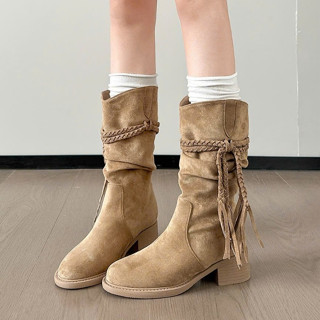 Bốt nữ thời trang cao cấp da lộn cổ lửng phối dây buộc Windy