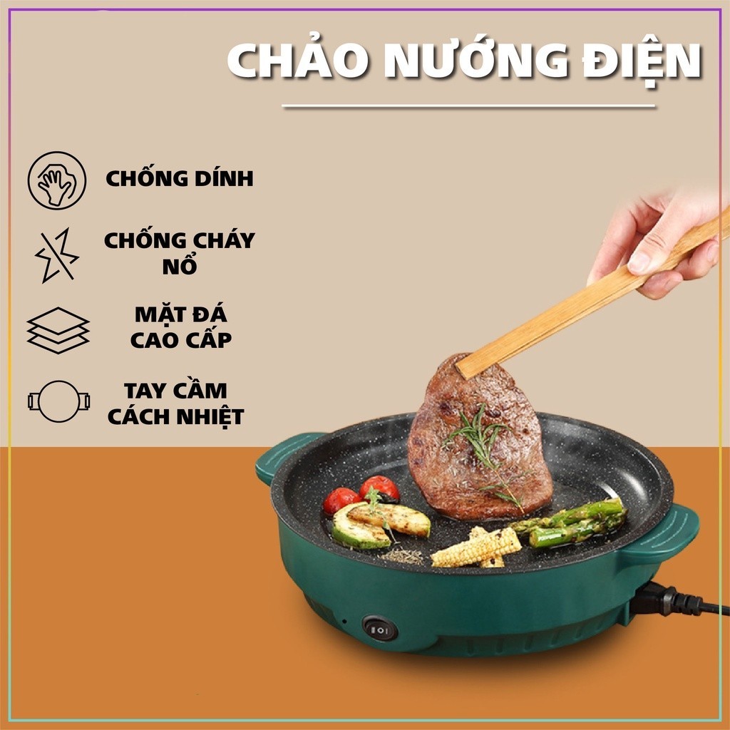 Chảo Điện Chống Dính Mini,Chảo Nướng Thịt BBQ Bằng Điện Đường Kính 26CM Chất Lượng Cao Kiểu Hàn Quốc, Dễ Dàng Vệ Sinh