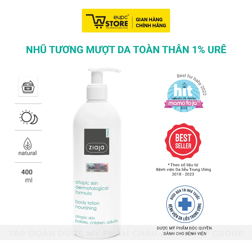 Nhũ Tương Mượt Da Toàn Thân 1% Urê Ziaja Med 400ml Giúp Làm Dịu Nhẹ & Dưỡng Ẩm, Giảm Khô Da EUPC STO