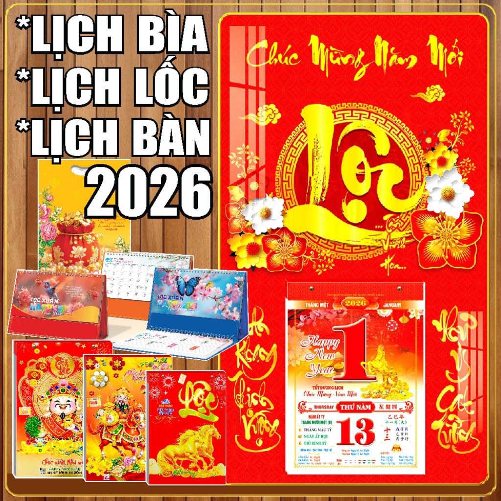 Lốc lịch 2026 nhiều kích thước và Lịch treo tường 34x60cm tráng gương