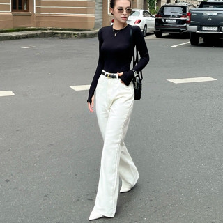  Quần Jean ống suông màu Trắng không cắt sẵn khuy Form rộng - giảm 1 size 
