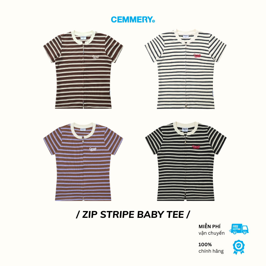  Áo Baby Tee CEMMERY Local Brand Chính Hãng Zip Stripe Polo Sọc Vải Cá Sấu Logo Thêu 4 Màu 