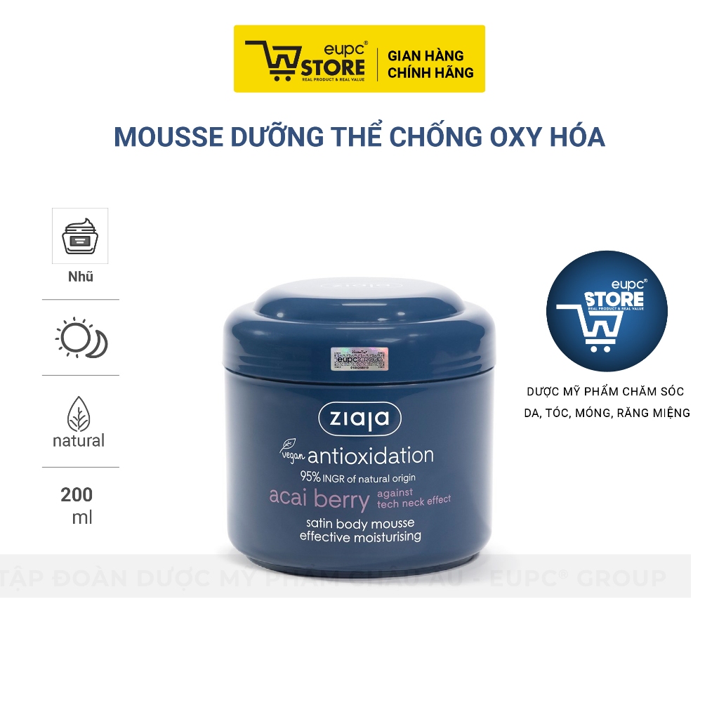 Mousse Dưỡng Thể Giảm Oxy hóa Ziaja Acai Berry 200ml Dễ Dàng Thẩm Thấu Vào Da, Không Bết Dính EUPC S