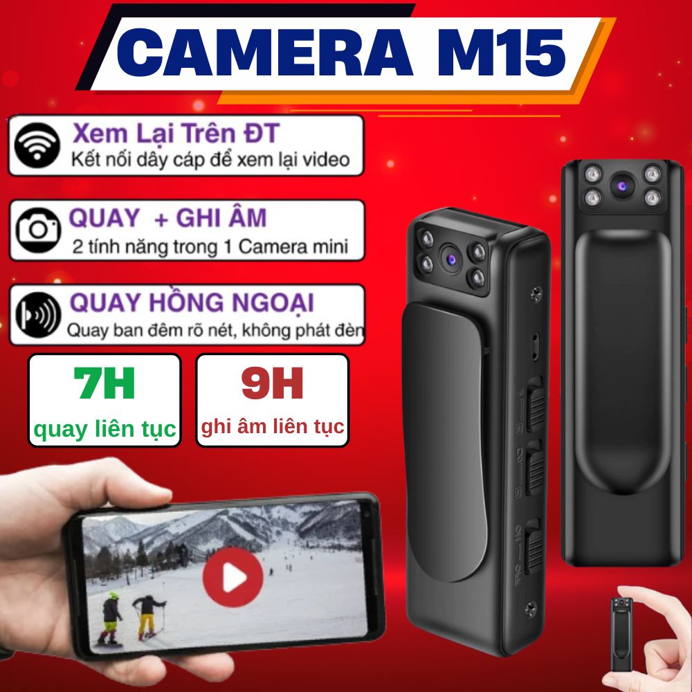Camera m15 không dây sài pin 10 giờ tiện lợi quay phim mọi nơi, Camera mini cao cấp góc quay rộng