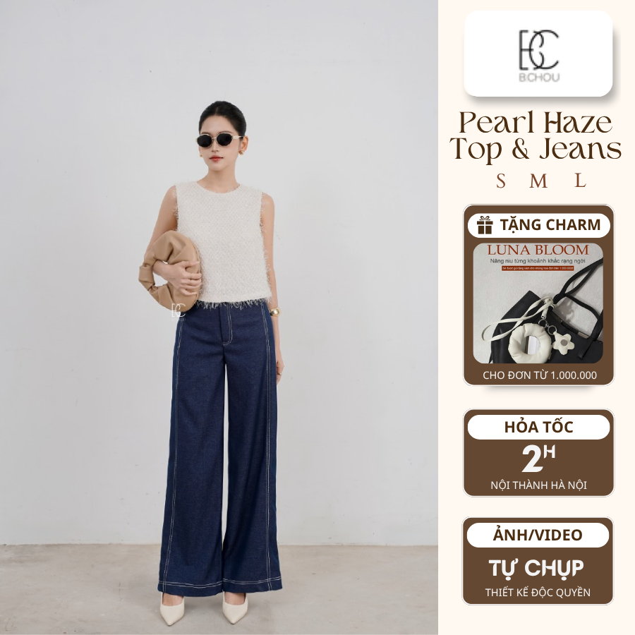 Áo kiểu nữ BCHOU phối kèm quần jeans hiện đại cá tính, Set đồ thiết kế PEARL HAZE TOP & DENIM JEANS