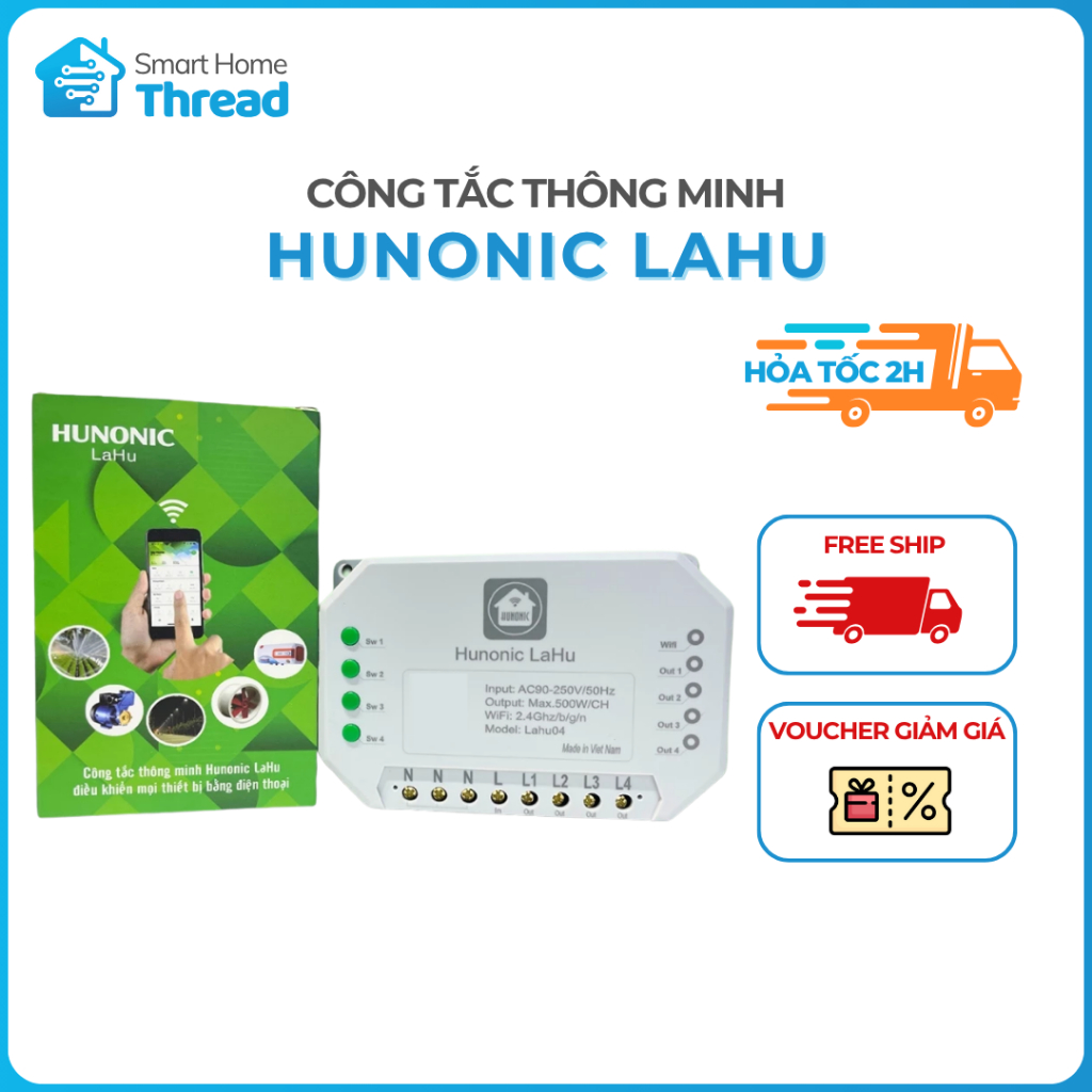 Hunonic Lahu WiFi - Công Tắc Thông Minh Hẹn Giờ Không Cần Internet RTC, Công Suất Đến 4000W