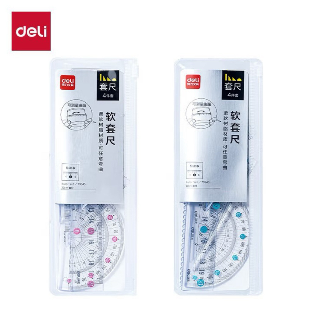 Bộ thước kẻ Deli dẻo dai không gãy dành cho hs gồm thước thẳng, thước tam giác, thước đo góc, thước 