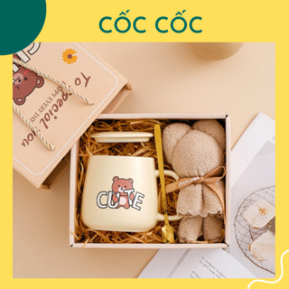  Ly cốc sứ có nắp Gấu Nâu kèm thìa nhiều màu sắc dễ thương dùng uống nước pha trà pha cà phê 