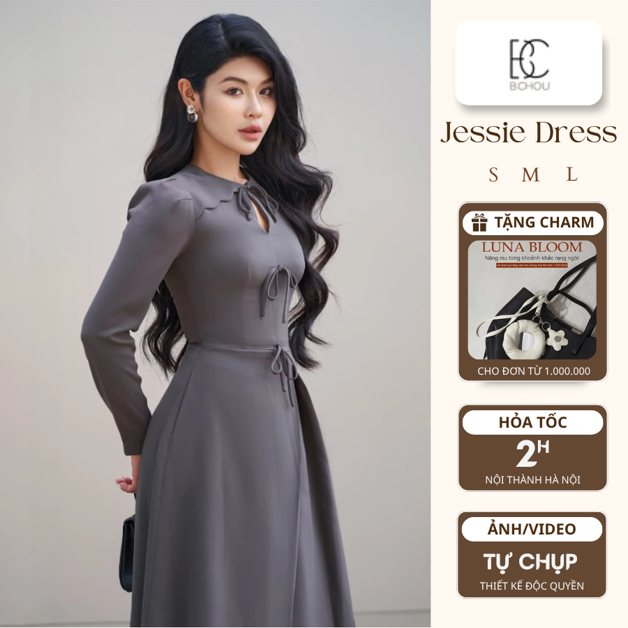 Đầm váy thiết kế công sở B.CHOU chất liệu mềm mịn đính nơ, tạo nên một tổng thể nữ tính, tôn dáng ch