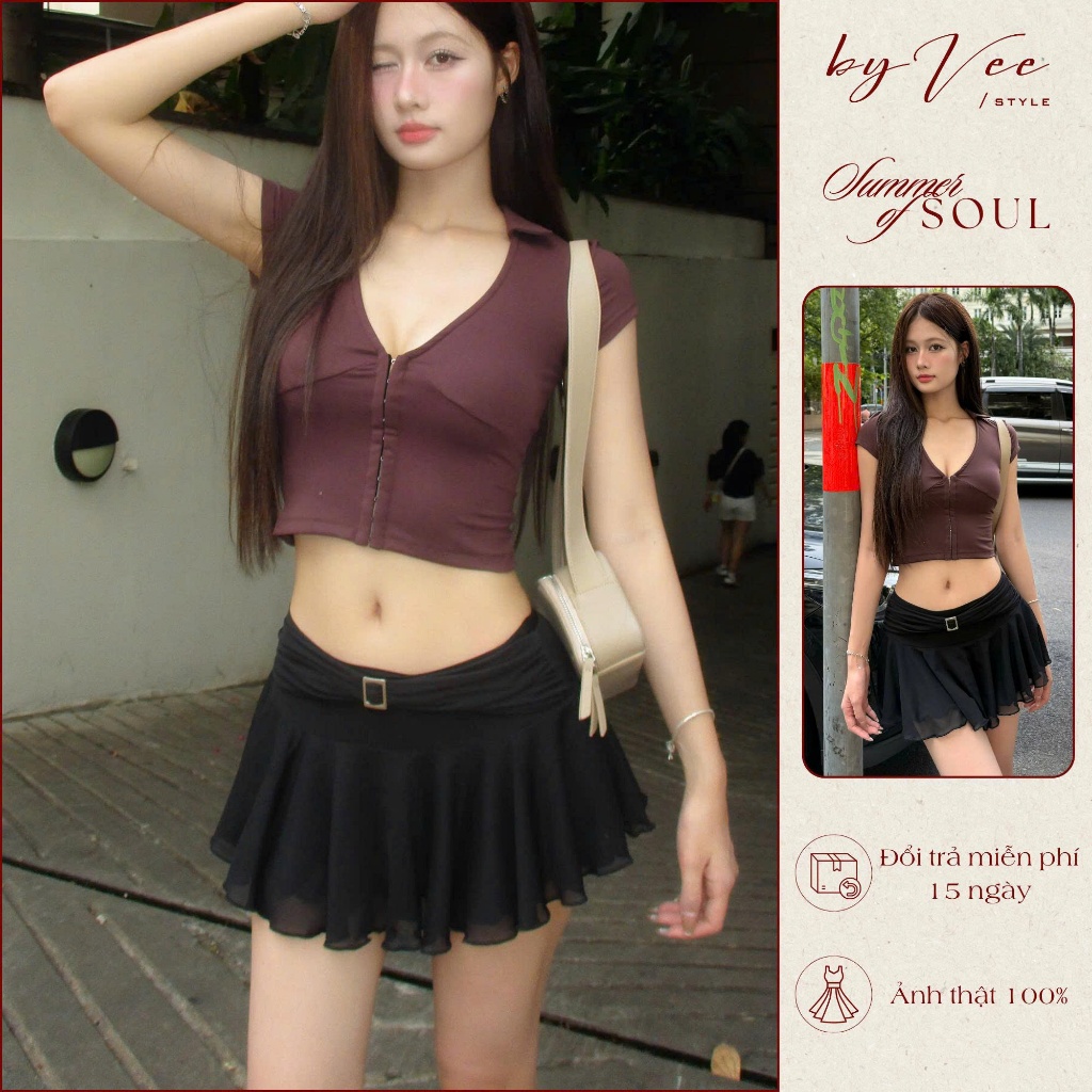 Chân váy cạp trễ thun khoen vuông Byveestyle, chân váy xòe ngắn 2 lớp có quần bảo hộ