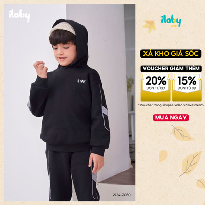 Áo nỉ bé trai ILABY phối vải gió trang trí tay chất liệu nỉ cho bé 10-35kg, 2 màu đen - ghi [2060]