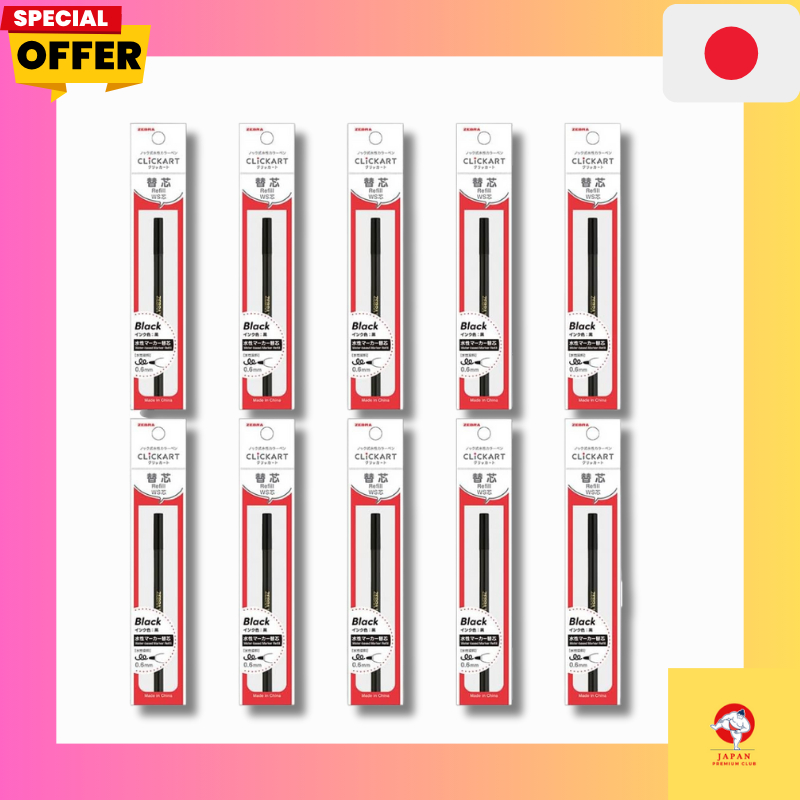 Zebra Water-Based Pen Cartridge Clickart WS Nib Black 10 Pieces B-P-RWS-BK
