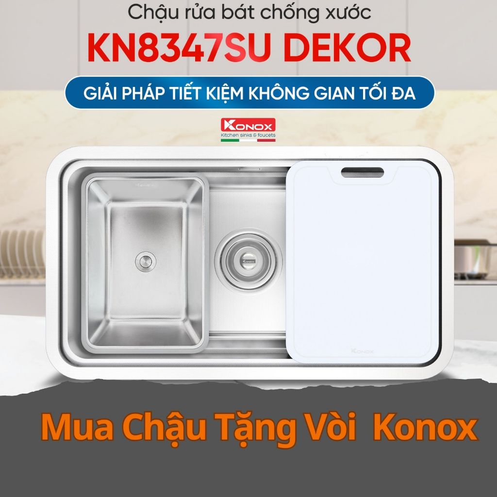 Chậu rửa bát Konox KN8347SU Dekor, Bồn rửa chén 1 hố lắp âm kích thước lớn