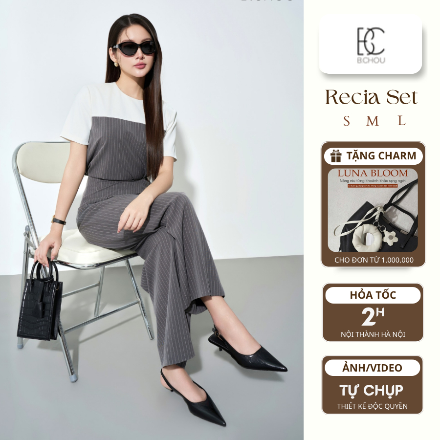 Set đồ nữ sang chảnh BCHOU, áo cổ tròn phối quần culottes kẻ sọc form suông rộng, RECIA SET