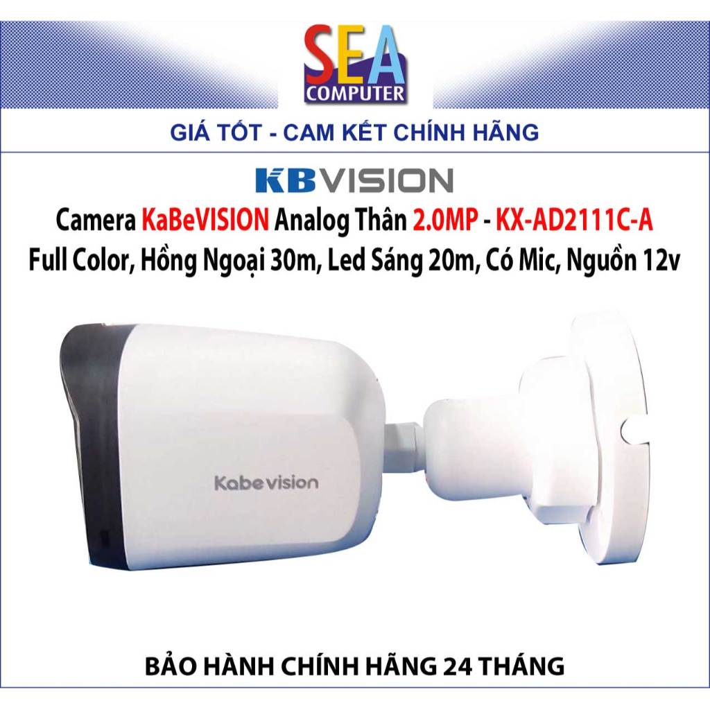 Camera KaBeVISION Analog Thân 2.0MP , Full Color, Hồng ngoại 30m, LED 20m, Có Mic - KX-AD2111C-A