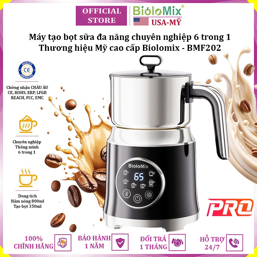 Máy đánh sữa tạo bọt đa năng chuyên nghiệp 6 trong 1 thương hiệu Biolomix BMF202 - Công suất 600W - Bảo Hành 12 Tháng