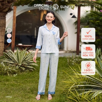 Bộ pijama nữ lụa latin áo tay lỡ quần dài dịu dàng SUNFLY ST9322