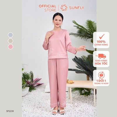 Đồ bộ mặc nhà nữ lụa satin jacquard áo tay lỡ quần dài . bộ lụa cho mẹ SUNFLY SP2239