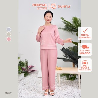  Đồ bộ mặc nhà nữ lụa satin jacquard áo tay lỡ quần dài . bộ lụa cho mẹ SUNFLY SP2239 