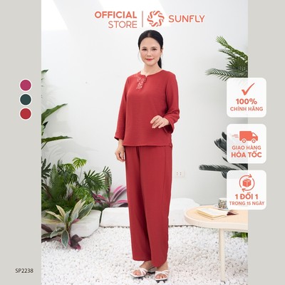 Đồ bộ mặc nhà nữ linen áo tay lỡ quần dài, bộ linen trung niên cho mẹ SUNFLY SP2238
