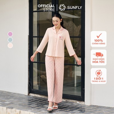 Bộ pijama nữ cotton compact áo tay lỡ quần dài nữ tính SUNFLY ST9330