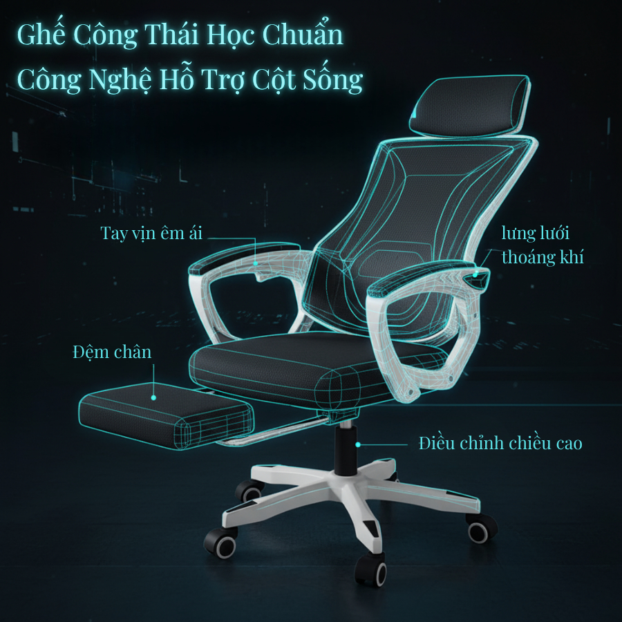Ghế công thái học, ghế làm việc Multi Pro Fufutech Lưng lưới êm ái bảo vệ cột sống có gác chân ngồi chuẩn tư thế | BigBuy360 - bigbuy360.vn