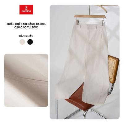 Quần dài nữ CARDINA vải gió kaki dáng barrel cạp cao túi dọc 5QDT39