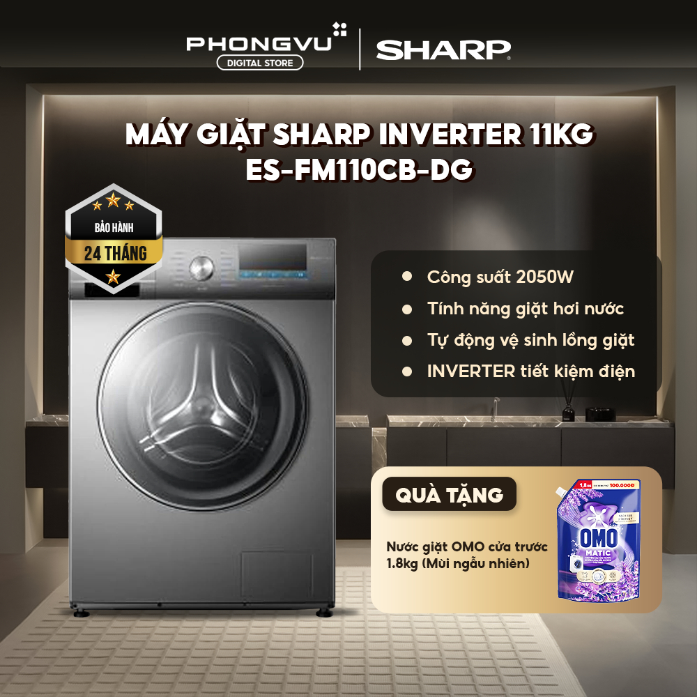 Máy giặt Sharp Inverter 11kg ES-FM110CB-DG - Giặt sạch mạnh mẽ, Tiết kiệm điện, Phù hợp gia đình từ 