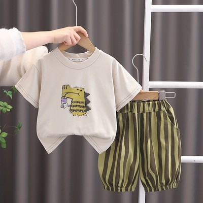 Set Áo Thun Tay Ngắn Họa Tiết Cá Sấu Quần Sọc Jogger Bé Trai 1-5 Tuổi MINTSCLOSET Quảng Châu TN3620
