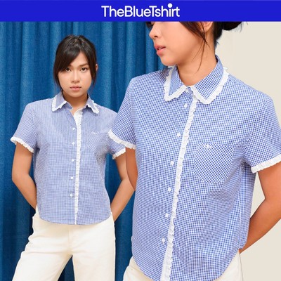 TheBlueTshirt - Áo sơ mi kẻ sọc ngắn tay viền ren trắng nữ tính - Alice Shirt