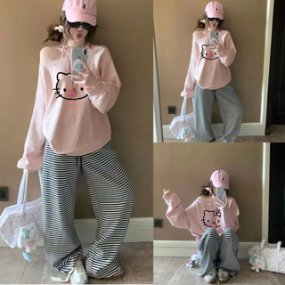  Set BỘ KITTY HỒNG QUẦN KẺ NỮ. Bộ Đồ Dài Tay From Rộng Dễ Thương 