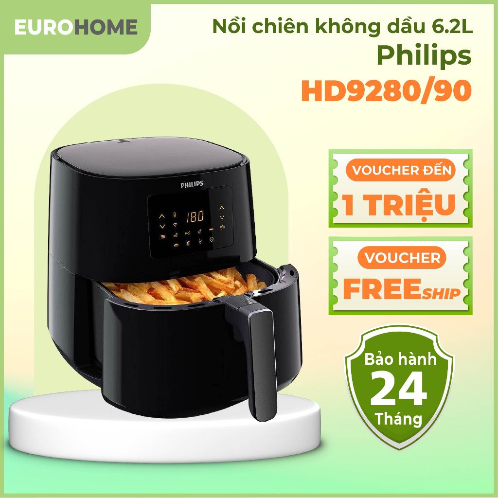 Nồi Chiên Không Dầu Điện Tử Philips HD9280/90, Size XL 6.2L, Bảo Hành 2 Năm Chính Hãng