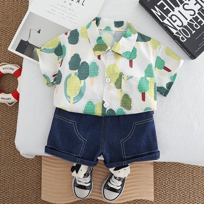 Set Áo Sơ Mi Họa Tiết Cây Xanh Quần Đùi Jean Cho Bé Trai 1-5 Tuổi MINTSCLOSET Quảng Châu - TN3609