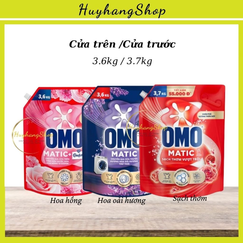 Nước giặt OMO Sạch Thơm 3.7kg , OMO hoa hồng ecuador, hoa oải hương túi 3.6kg | huyhangshop