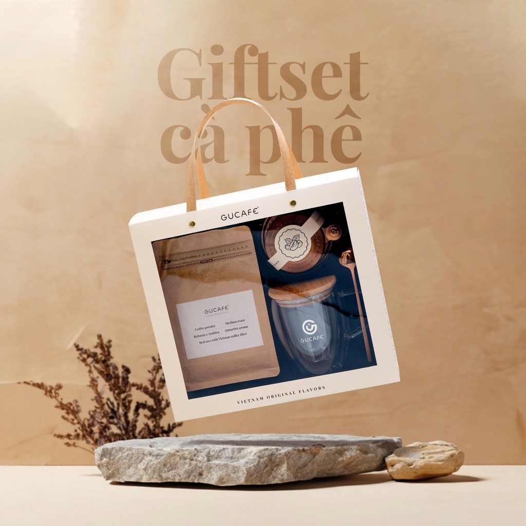 GUCAFÉ Bộ Quà Tặng Cà Phê Signature - Gồm Phin Nhôm, Ly Thủy Tinh, Muỗng Inox, Túi cà phê 200g