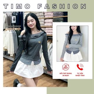  Áo trễ vai phối kẻ caro phối nơ dài tay nữ form ôm tôn dáng – áo kiểu nữ mùa thu  Tặng kèm chun buộc tóc   AOT066 