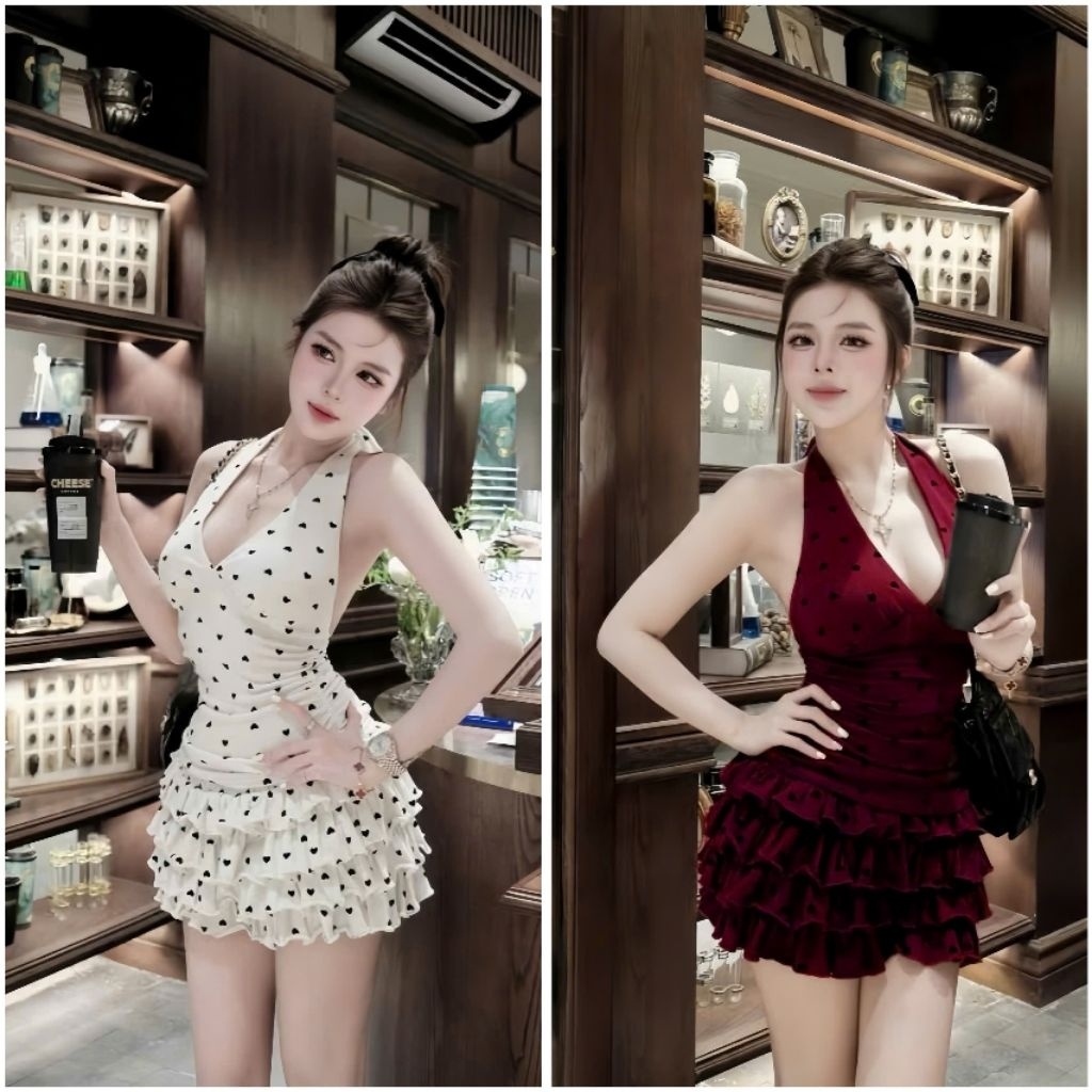 SÉT NỮ BÈO TẦNG MIX ÁO CỔ V CỘT , VÁY RỜI DỰ TIỆC, ĐI CHƠI, ÁO THUN TĂM IN TIM CÓ MÚT KÈM CHÂN VÁY C