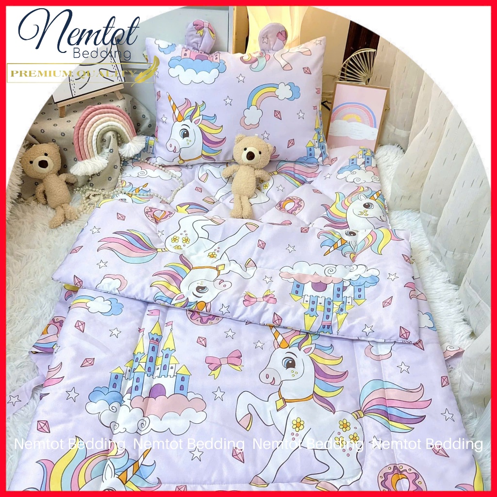 ⛪️HÀNG ĐẸP⛪️Bộ Nệm Chăn Gối Cho Bé Đi Học Vải Lụa Lyocell Viscose Mềm Mát (Kèm Túi Đựng) Cao Cấp