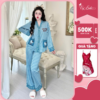  Bộ đồ ngủ cổ Y Vy Linh tay dài chất liệu lụa latin thoáng mát thấm hút mồ hôi tốt S1081 caro 