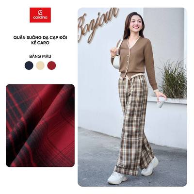 Quần dài nữ CARDINA vải thô kẻ dáng suông phối cạp chun  5QDT30