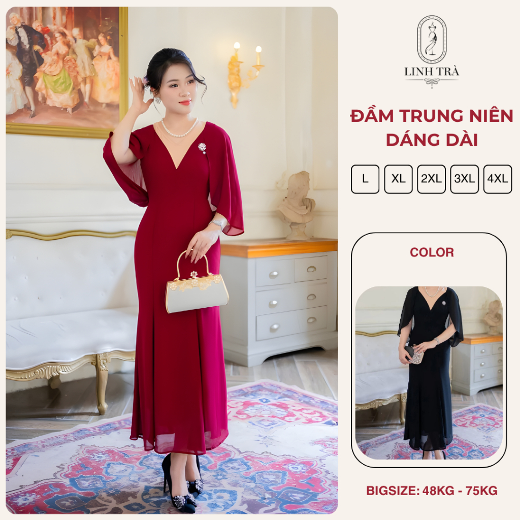 Đầm Trung Niên Thiết Kế [Linh Trà] (TM 3873) Váy Cao Cấp Đi Làm Đi Tiệc, Đầm Cho U50 U60