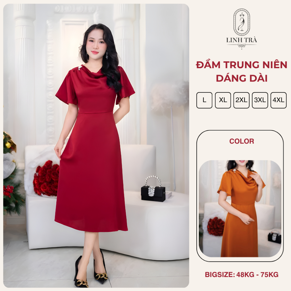 Đầm Trung Niên [Linh Trà] (TM 593) Váy Bigsize Sang Trọng Đi Làm Đi Tiệc Cho Bà Cho Mẹ U50 U60